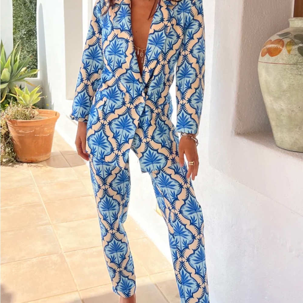 Never Fully Dressed Blue and Cream Patterned Blazer and pants